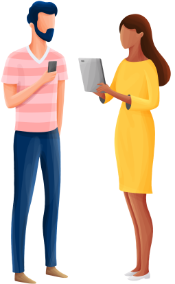 Ilustração de um homem e uma mulher conversando em pé.