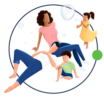 Ilustração de uma família feliz interagindo, com duas crianças brincando enquanto os pais estão relaxando, simbolizando momentos de lazer em família.