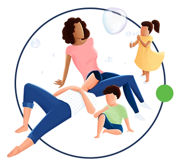 Ilustração de uma família feliz se divertindo em casa, com crianças brincando e fazendo bolhas de sabão. Momento de lazer e união familiar.
